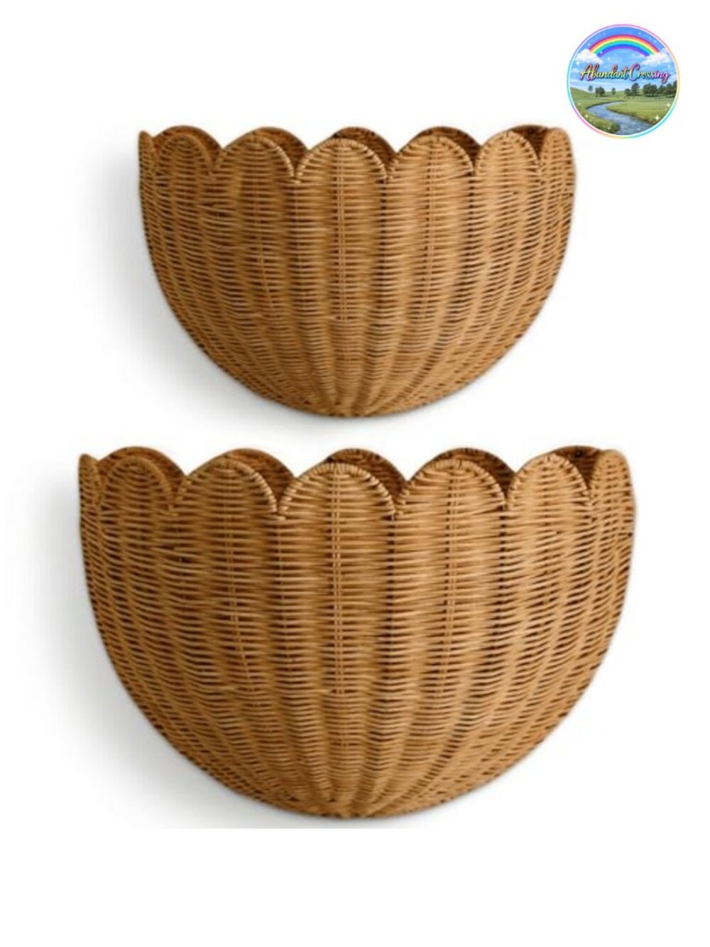Scalloped Wicker Wall Basket Set of 2 Handwoven Rattan Hanging Storage